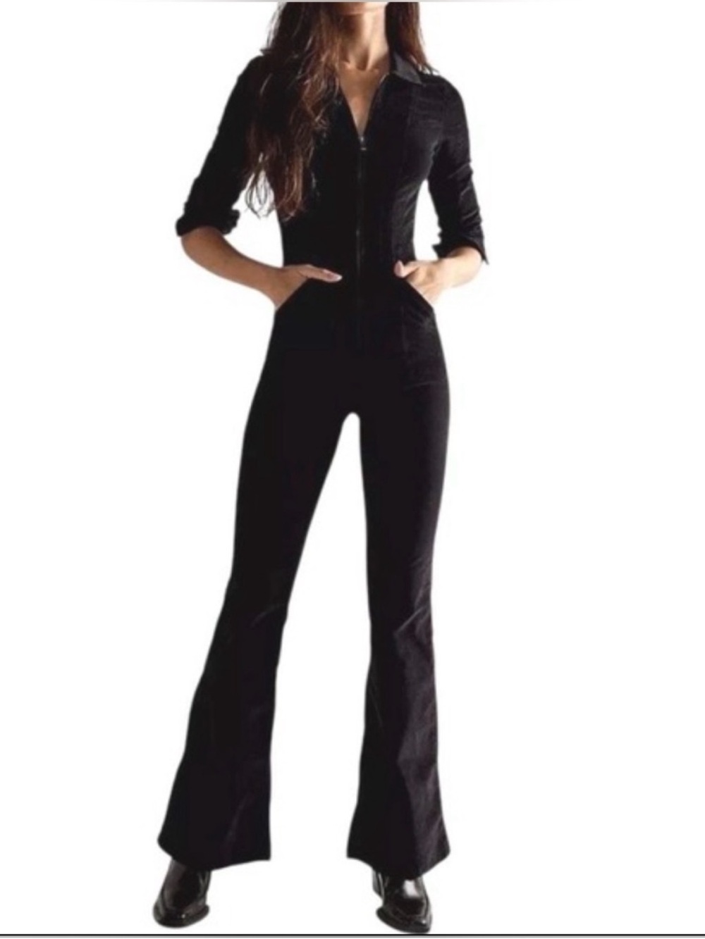 We The Free FP Jayde Corduroy Flare Jumpsuit Black Women Size Small Long Sleeve